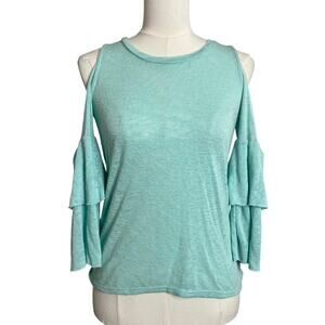Mickey & Jenny Cold Shoulder Shirt Womens XS Blue Ruffle Long Sleeve Knit Top